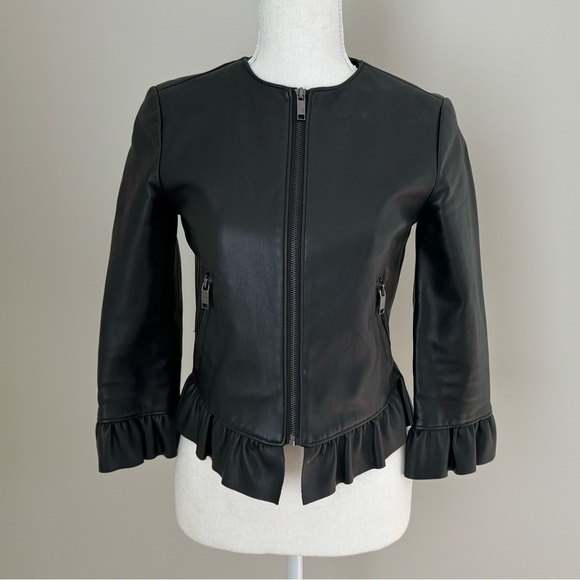Zara Peplum Ruffled Faux Leather Cropped Zip Up Frill Jacket XS - Picture 4 of 15
